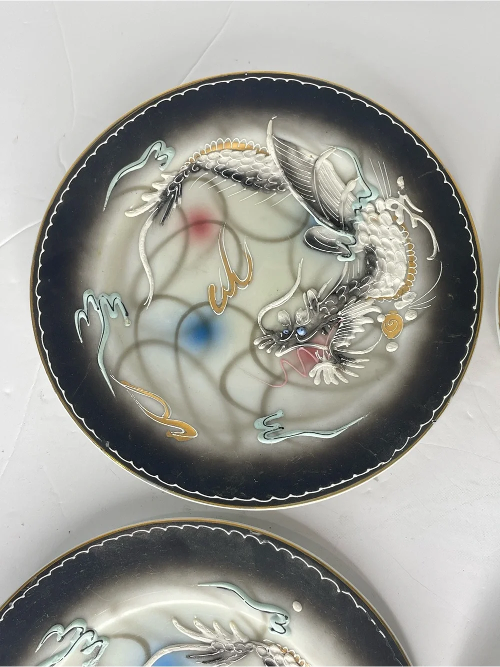 4 Vintage Victoria China Dragonware Dessert Plates 7.25” Dragon 3D Moriage Gold